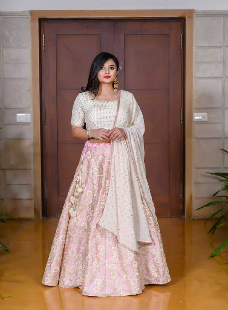 Baby Pink &amp; Off White Embroidered Lehenga Set – 101 Hues