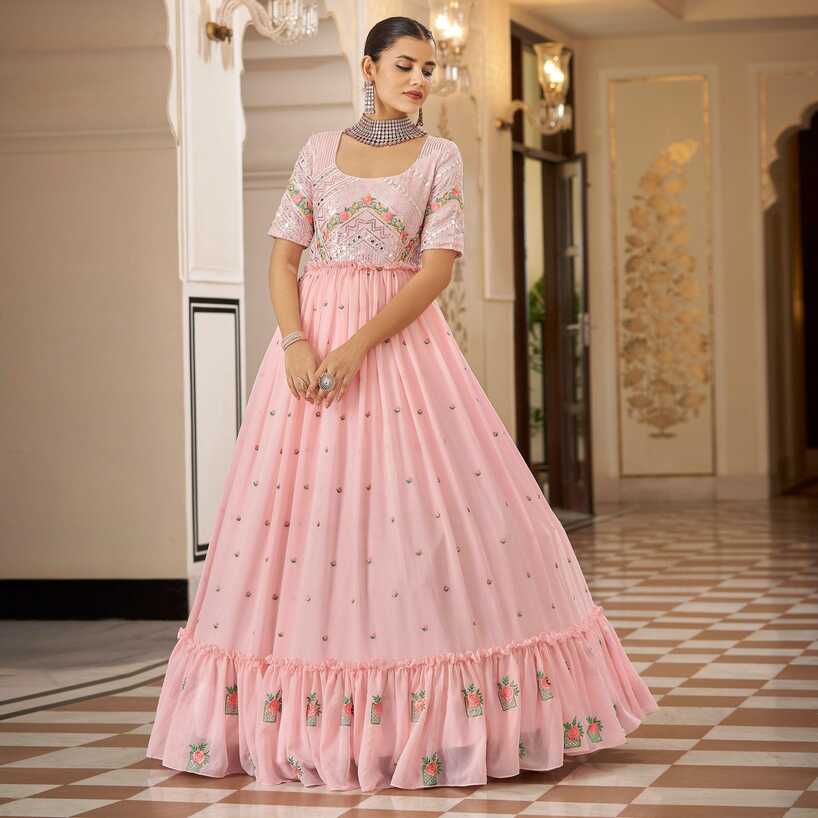 Baby Pink Embroidered Georgette Gown