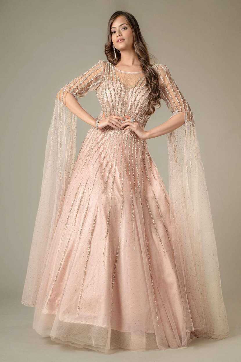 Baby Pink Flared Sleeves Net Gown