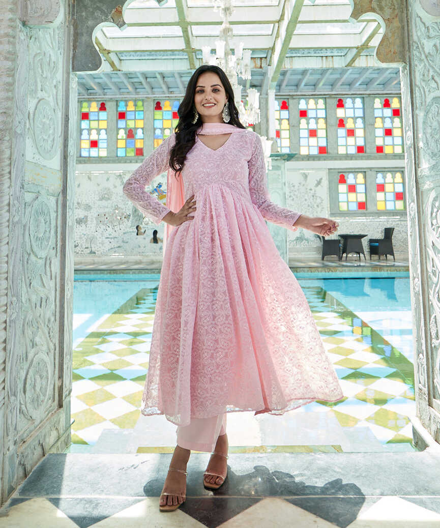 Baby Pink Georgette Anarkali Suit Set