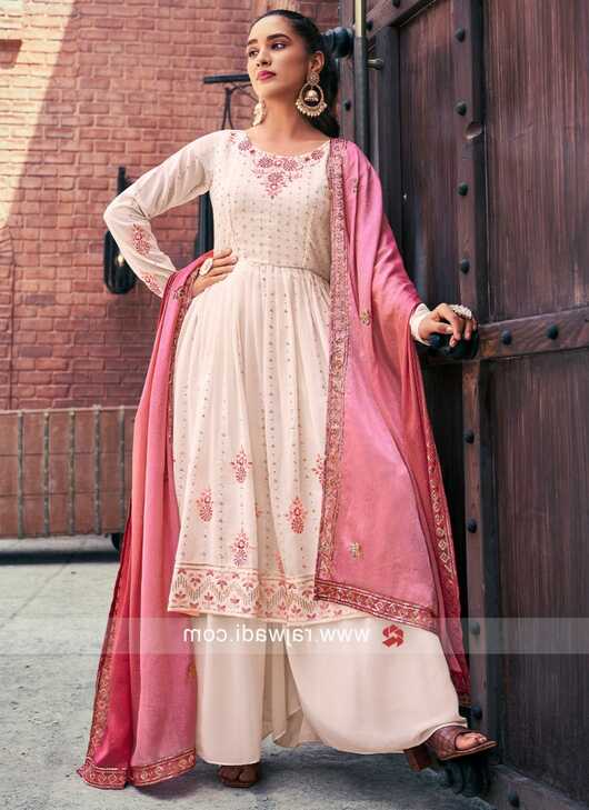 Baby Pink Georgette Embroidered Flared Kurti with Palazzo