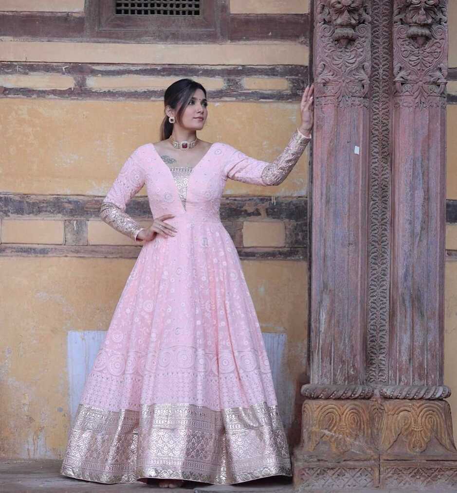 Baby Pink Party Wear Gown With Dupatta - Evilato