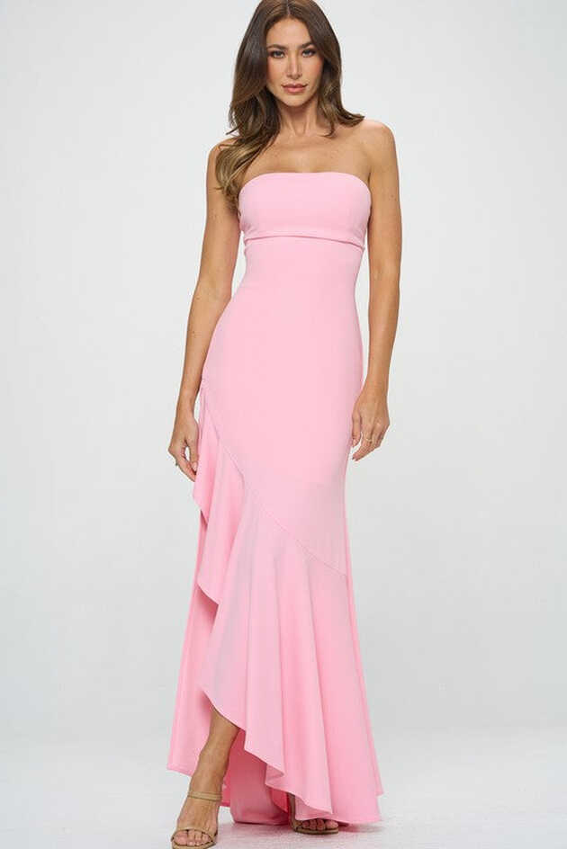 Baby Pink Strapless High Slit Ruffle Long Formal Dress – Aquarius ...