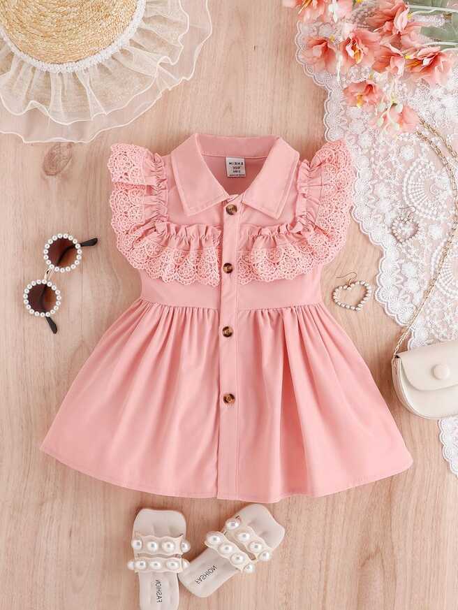 Baby Ruffle Lace Trim Shirt Dress | Baby girl dress design, Baby ...