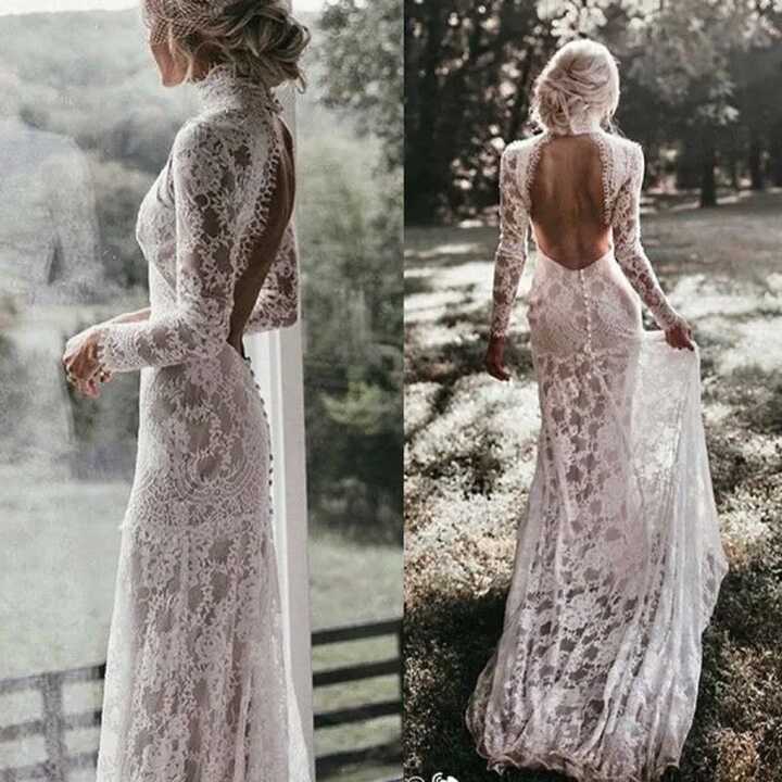 Backless Bridal Gown Real Lace Sheath Garden Beach Boho Wedding ...