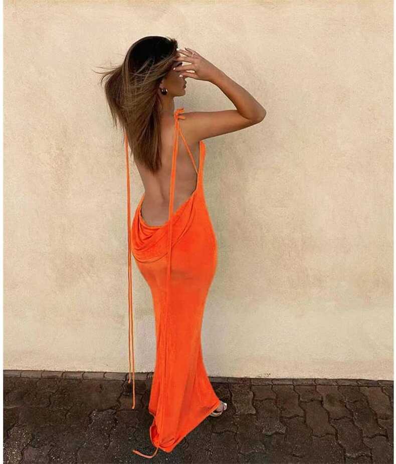 Backless Maxi Dress Sexy Orange Spaghetti Strap Slim Dress For ...