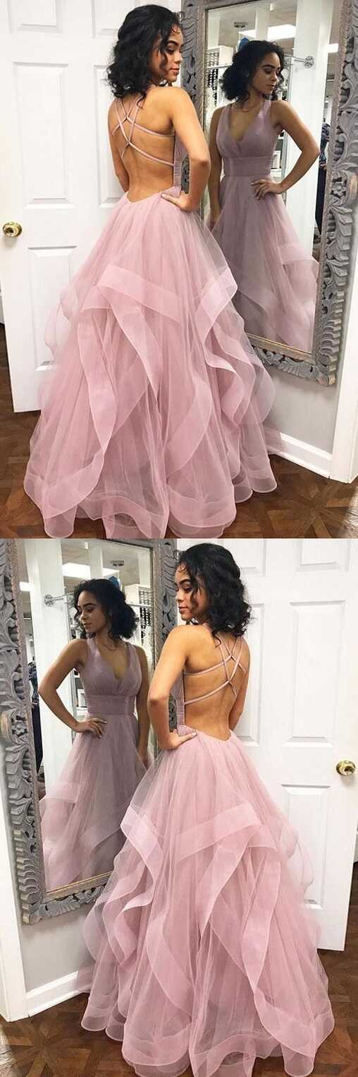 Backless Pale Pink Ball Gown Ruffle Tulle Bottom Prom Gown ...