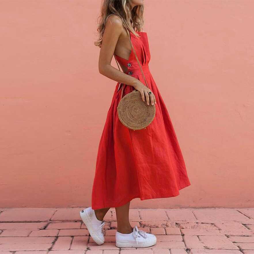 Backless Red Dress Summer Women Sleeveless Off Shoulder Sundress ...