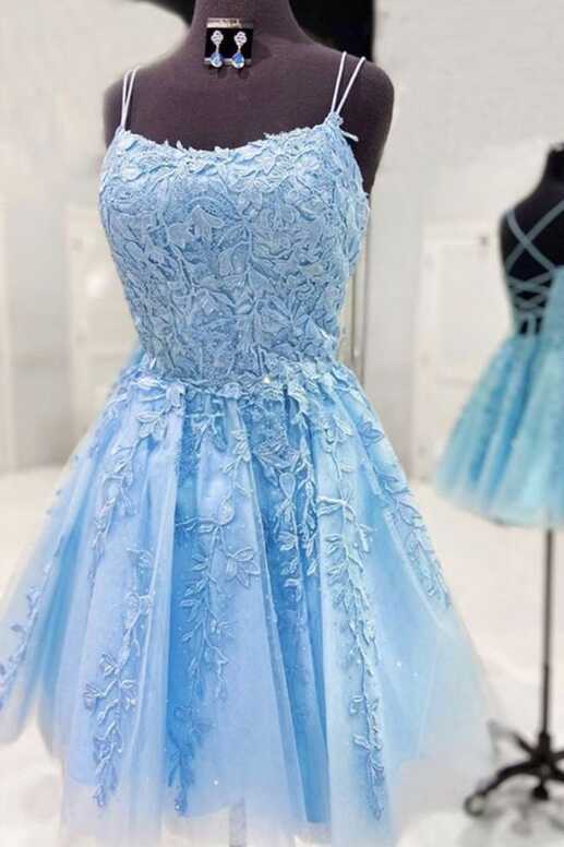 Backless Short Light Blue Lace Formal Graduation Dresses M3315