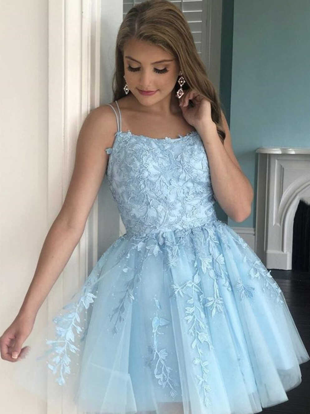 Backless Short Light Blue Lace Prom Dresses, Short Light Blue Lace ...