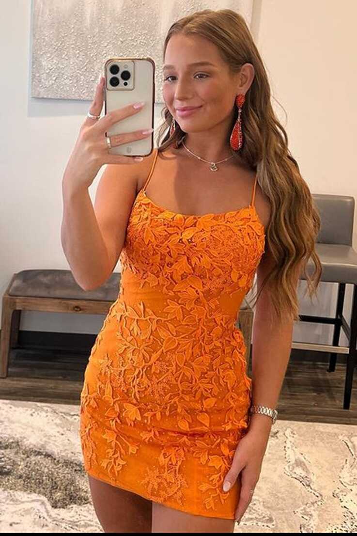 Backless Short Orange Lace Prom Dresses, Open Back Short Orange ...