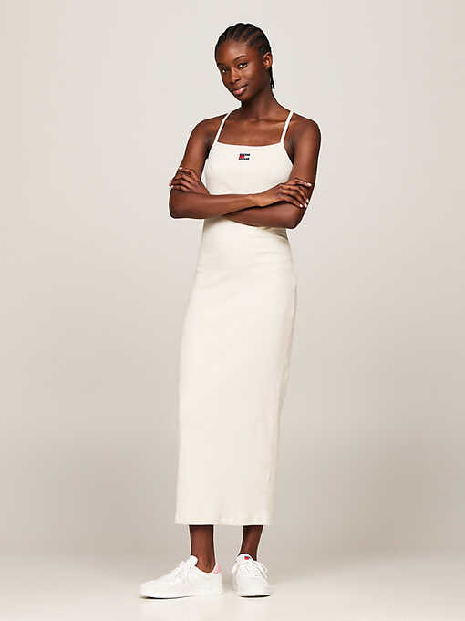 Badge Ribbed Strap Bodycon Maxi Dress | Beige | Tommy Hilfiger