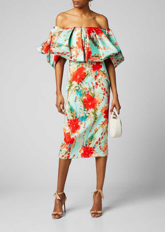 Badgley Mischka Collection Floral Off-the-Shoulder Puff-Sleeve ...