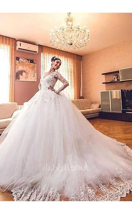 Ball Gown Long Sleeves Lace Tulle V-neck Court Train Wedding ...