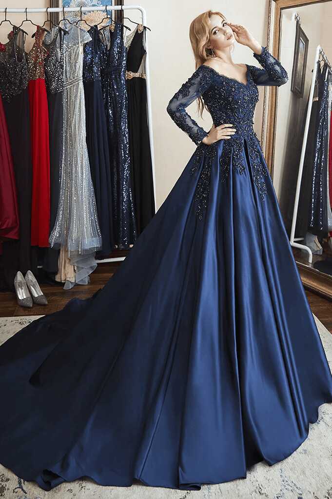 Ball Gown Long Sleeves Off Shoulder Beaded Navy Blue Prom Dress ...