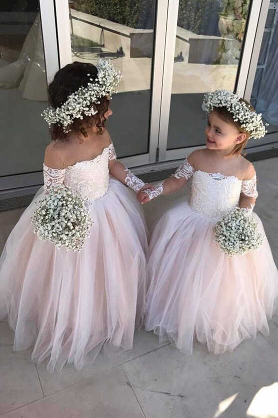 Ball Gown Long Sleeves Pink Long Flower Girl Dress – Dreamdressy