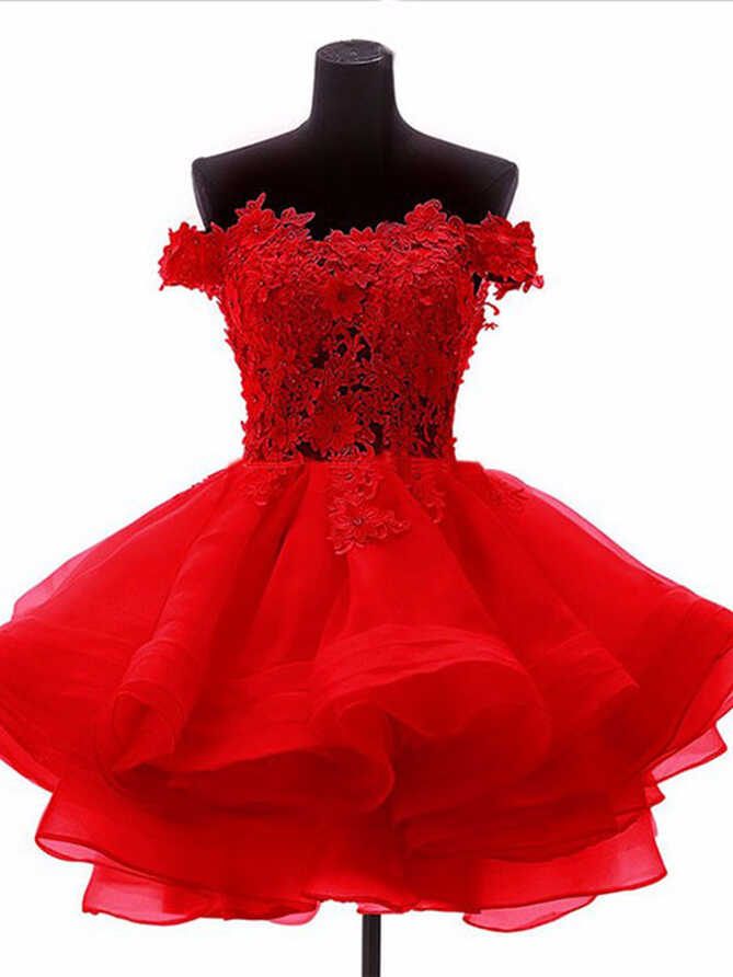 Ball Gown Off Shoulder Red Organza Short Wedding Dress Applique ...