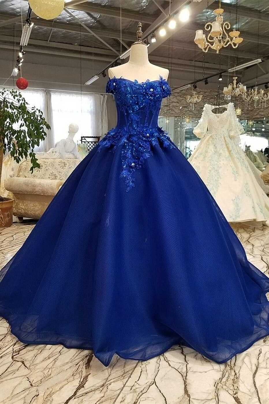 Ball Gown Off The Shoulder Corset Beaded Flowers Lace Royal Blue ...