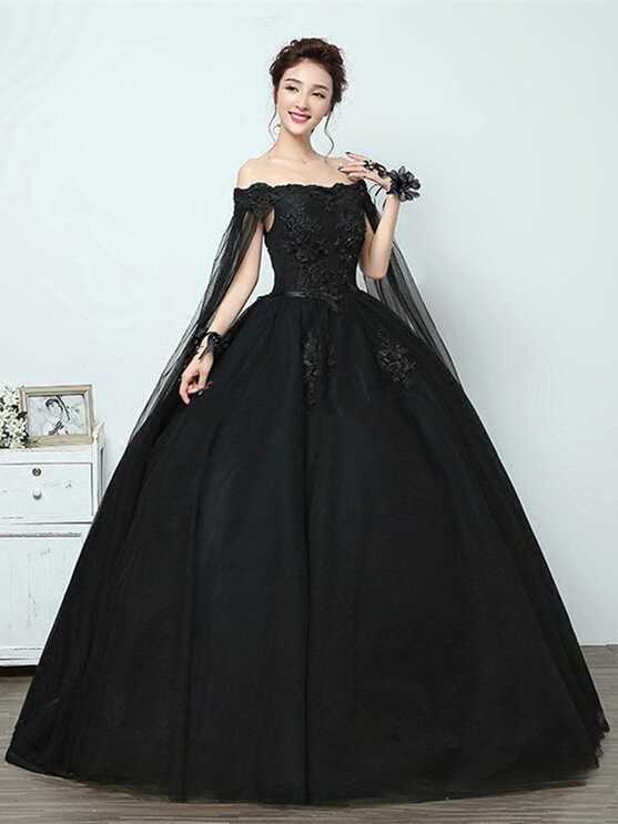 Ball Gown Off the Shoulder Lace Appliques Black Wedding Dresses