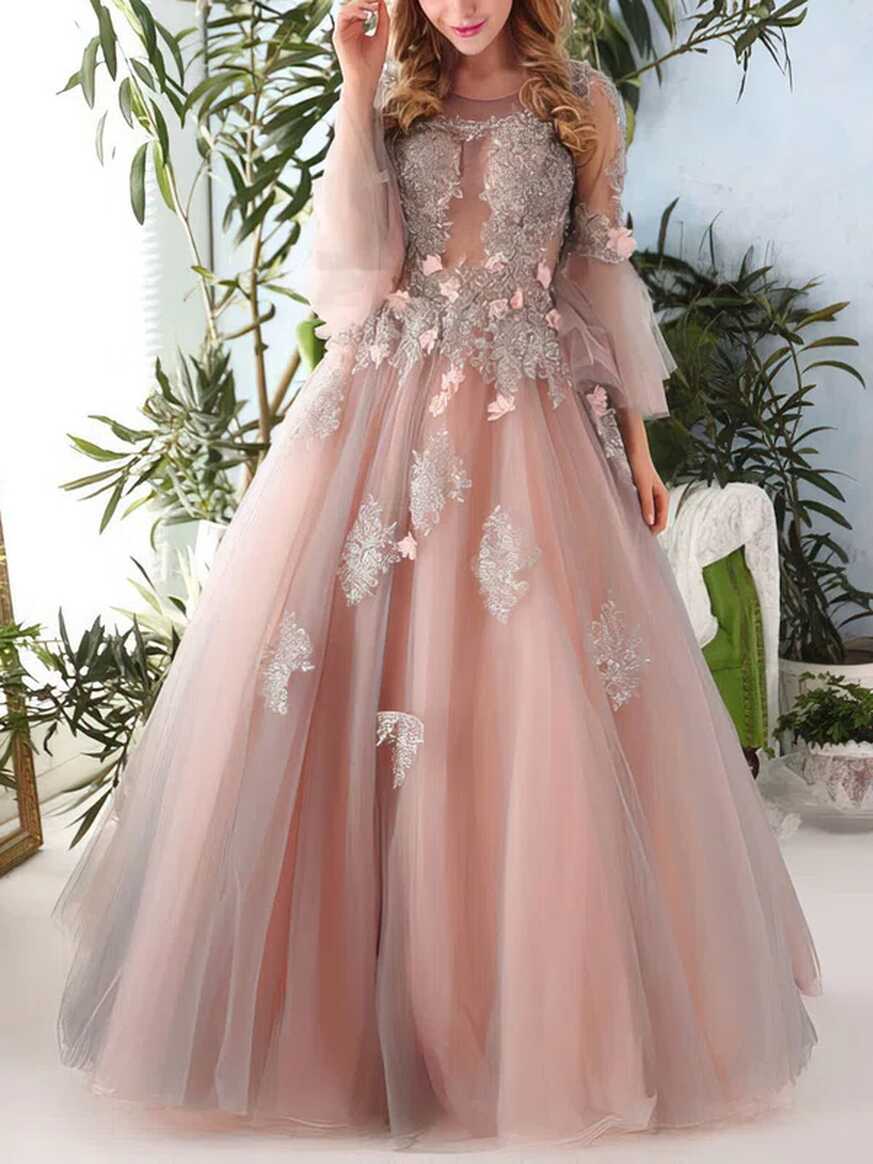 Ball Gown Scoop Neck Tulle Floor-length Appliques Lace Long Sleeve ...