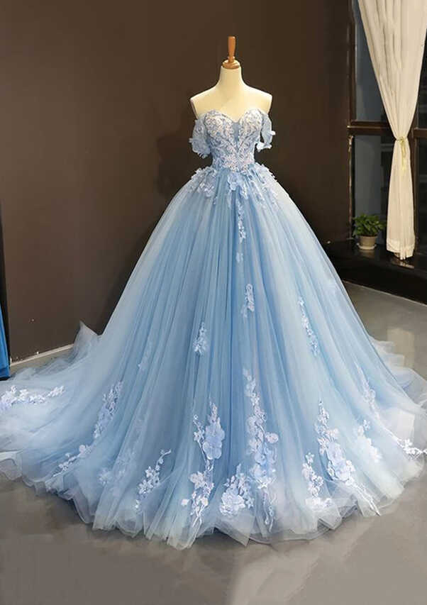 Ball Gown Sweep Train Off-the-Shoulder Tulle Prom Dress With ...