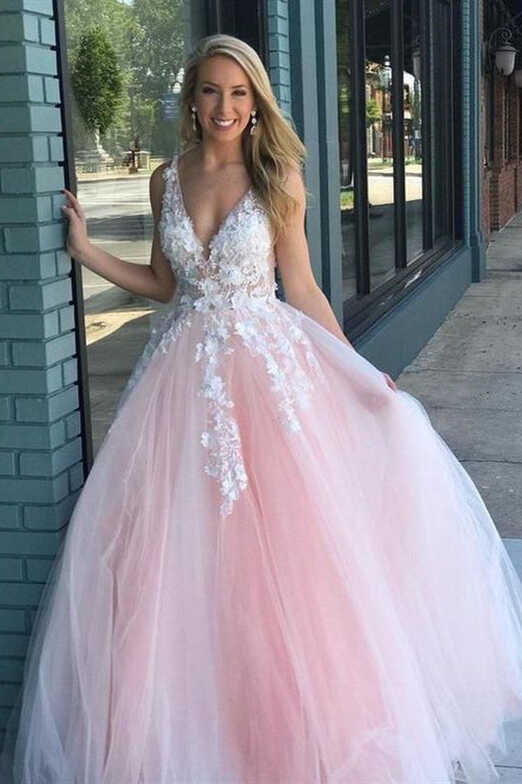 Ball Gown V Neck Pink Prom Dress with White Lace – FancyVestido