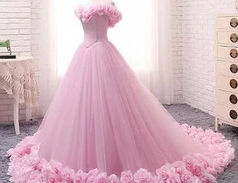 Ball Gown Wedding Dresses Off-the-shoulder Hand-Made Flower Pink ...