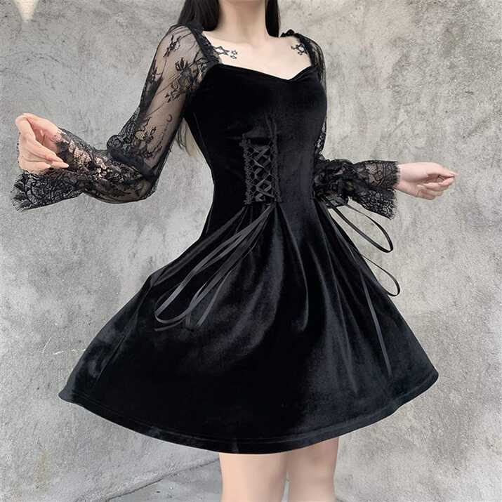 BangHaa Gothic Lolita Bandage Black Dress Women Vintage Sexy Lace ...