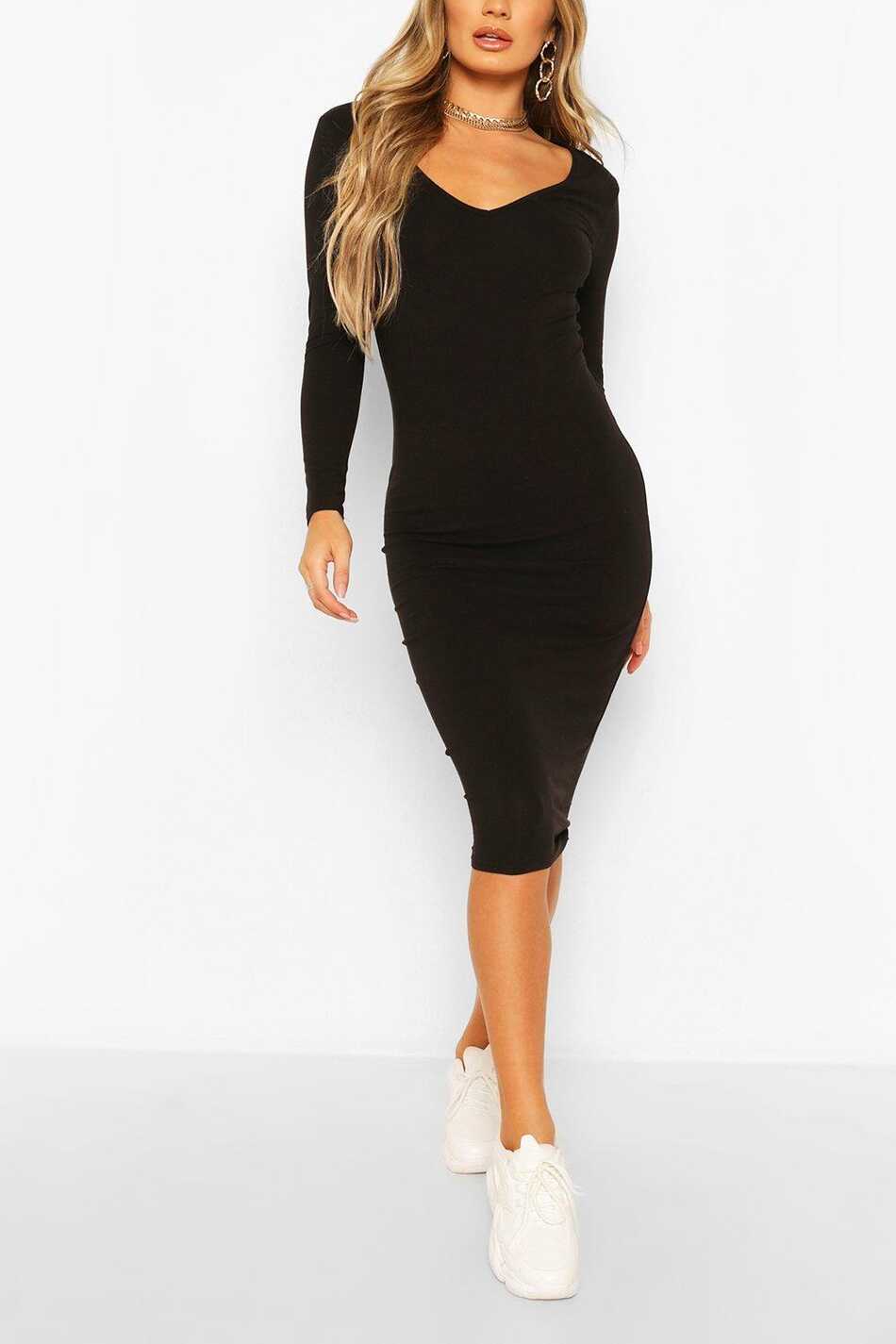 Basic Long Sleeve V Neck Bodycon Dress