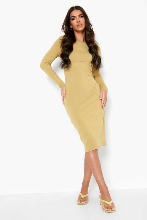 Basics Long Sleeve Crew Neck Midi Bodycon Dress