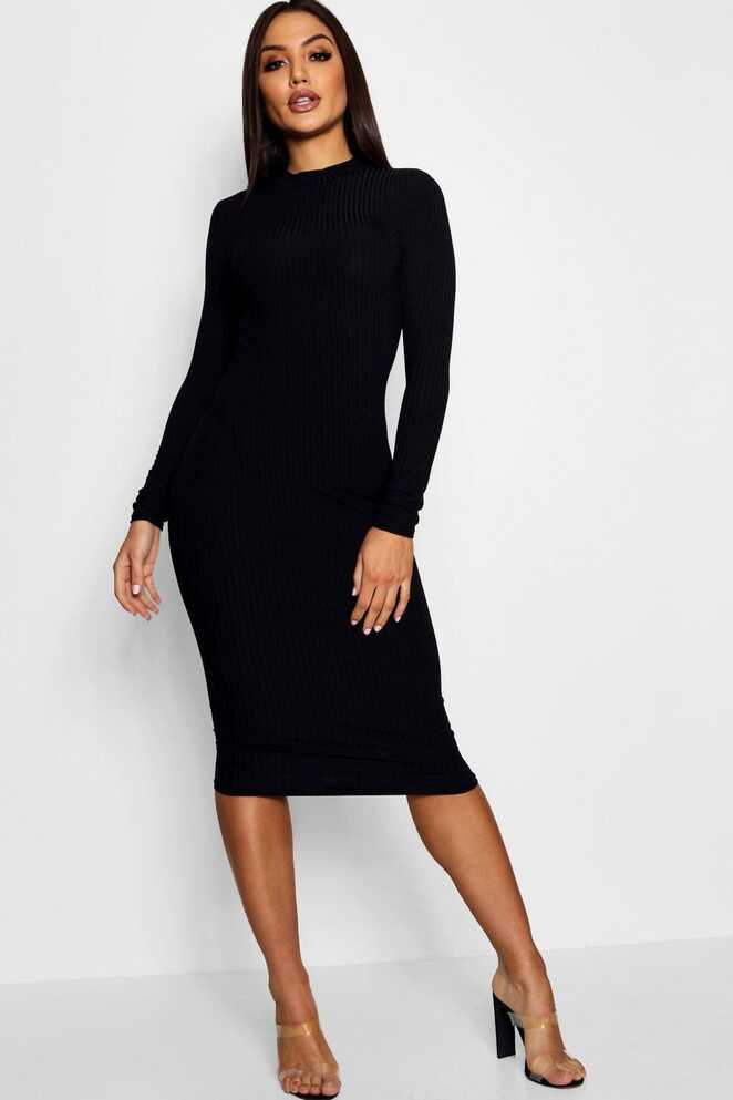 Basics Ribbed High Neck Long Sleeved Midi Dress | Long sleeve midi ...