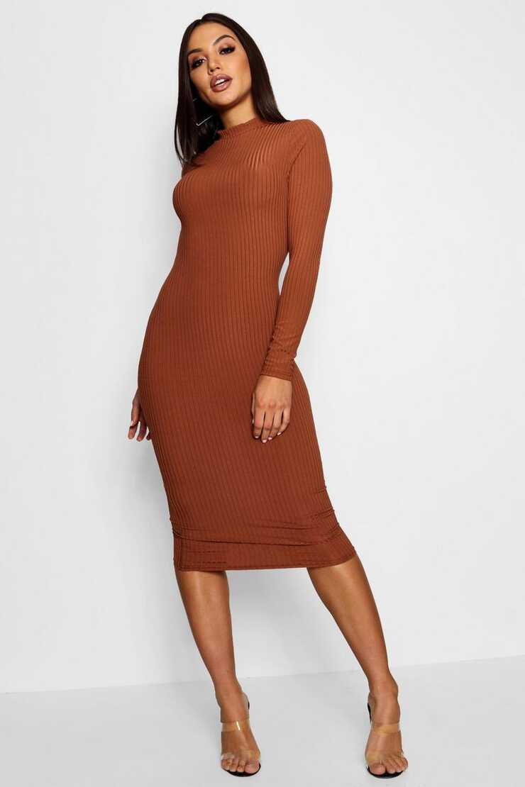 Basics Ribbed High Neck Long Sleeved Midi Dress | boohoo NZ