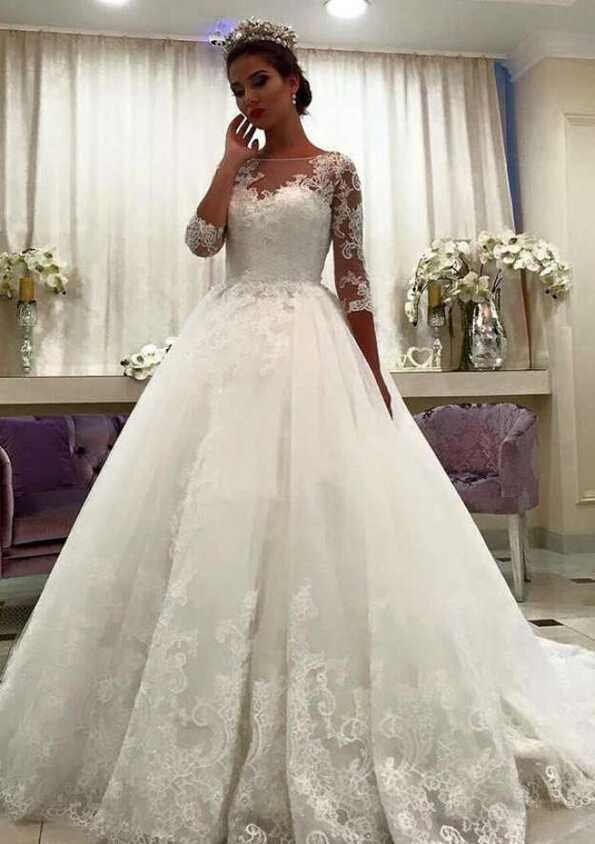 Bateau 3/4 Sleeve Sweep Train A-line/Princess Tulle Wedding Dress ...