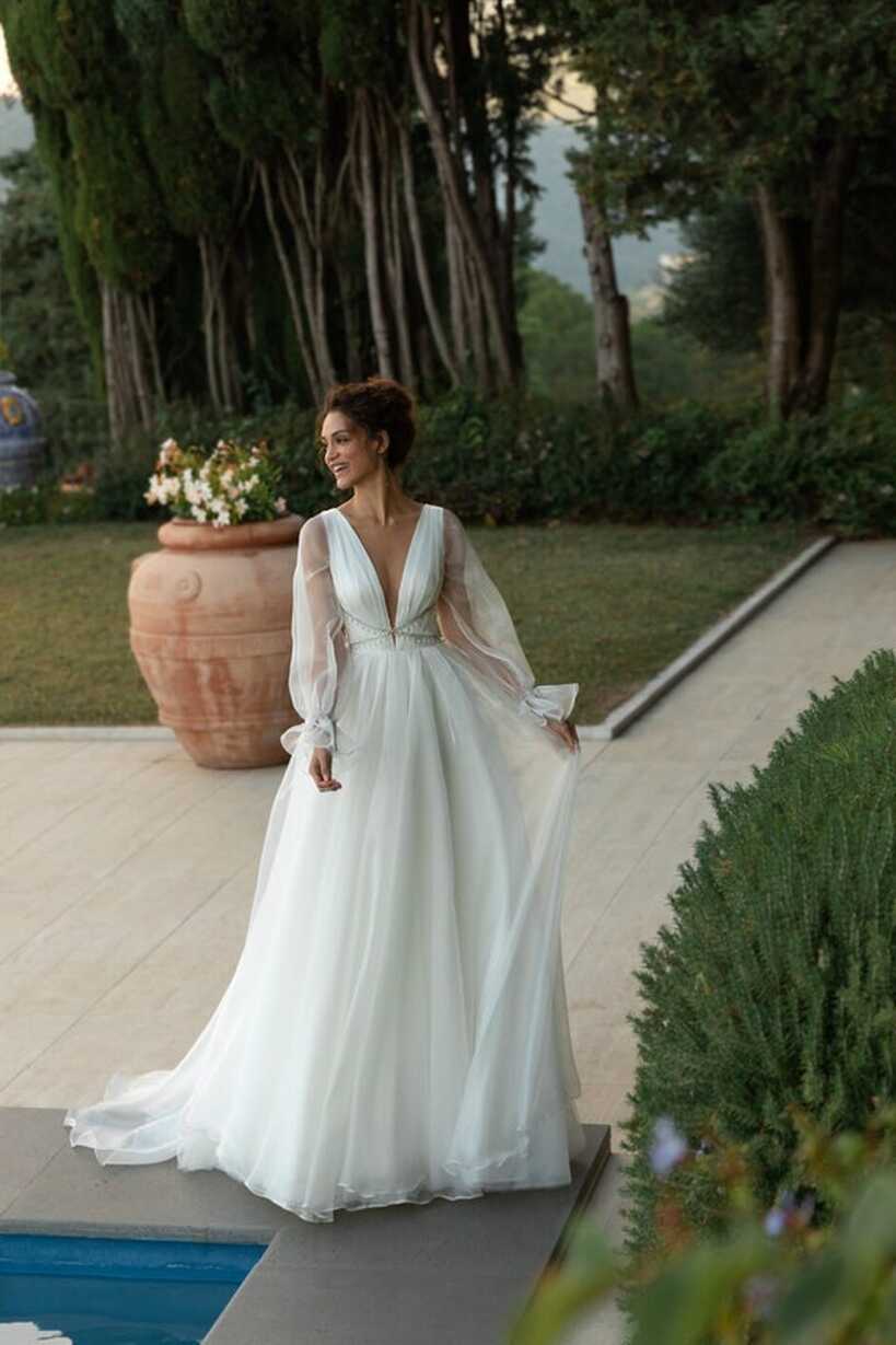 Beach Flowy, Simple, Long Sleeves, Plunge Neck A Line Wedding ...