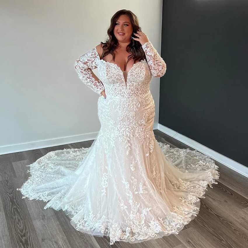 Beach Mermaid Plus Size Wedding Dresses Long Sleeve Lace Court ...