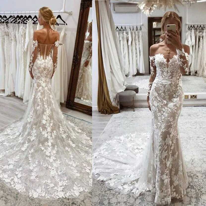 Beach Mermaid Wedding Dresses Applique Lace Sweep Train Long ...