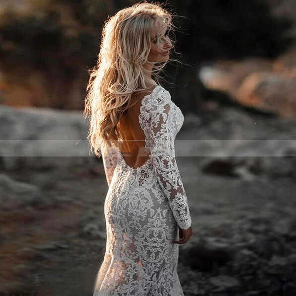 Beach Vintage Lace Wedding Dresses Open Back Long Sleeves Sweep ...