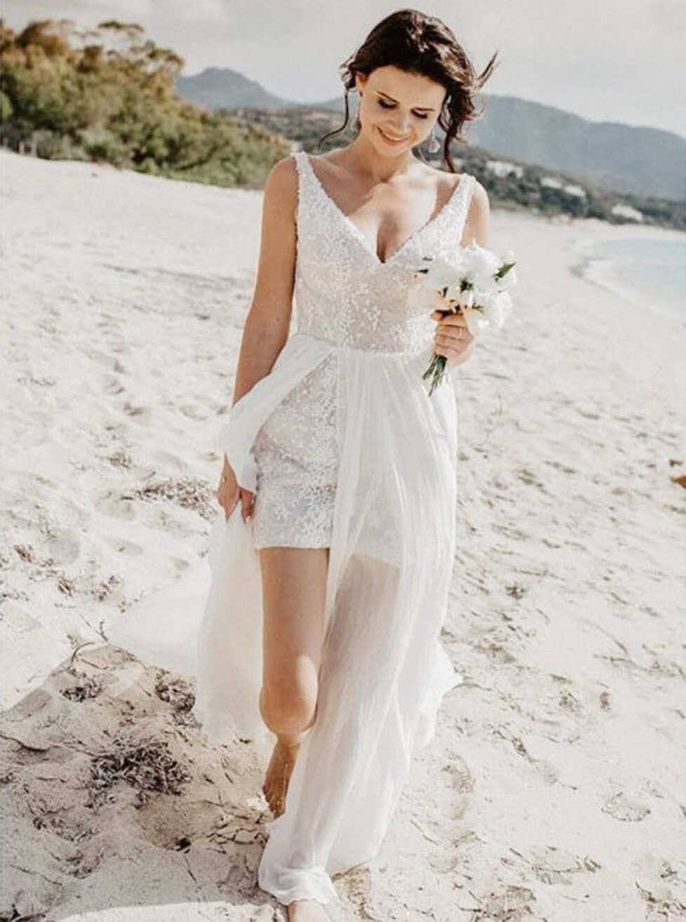 Beach Wedding Dresses,Lace Chiffon Wedding Dress,Romantic Wedding ...