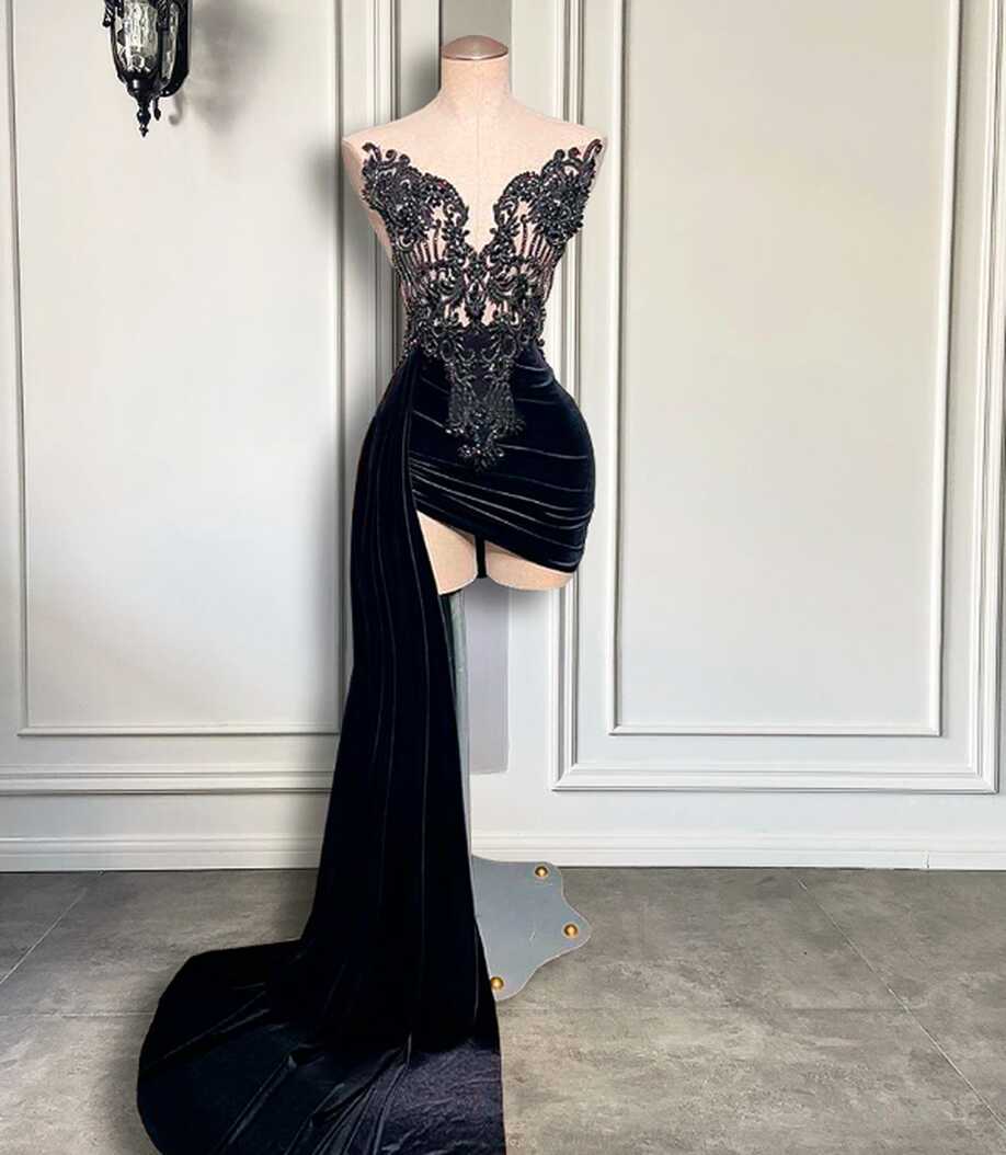 Beaded Embroidery Women Homecoming Gowns Black Velvet Short Prom ...