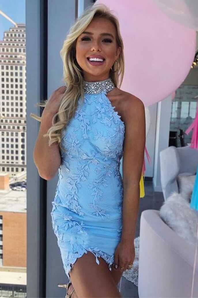 Beaded Halter Lace Sky Blue Homecoming Dresses, Tight Short Prom ...