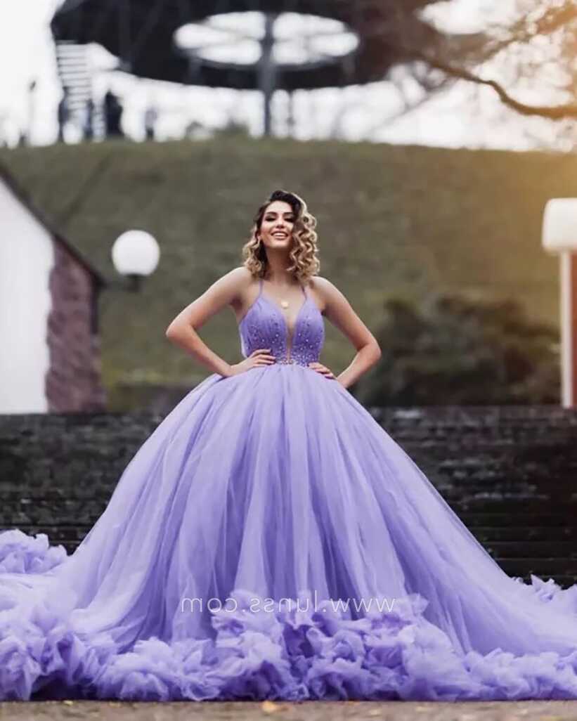 Beaded Lavender Purple Ruffled Tulle Formal Ball Gown - Lunss