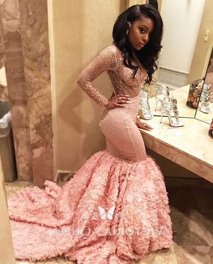 Beaded Long Sleeve Pink 3D Rose Trumpet Prom Dress - VQ