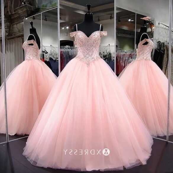 Beaded Off-the-shoulder Baby Pink Prom Ball Gown - Xdressy