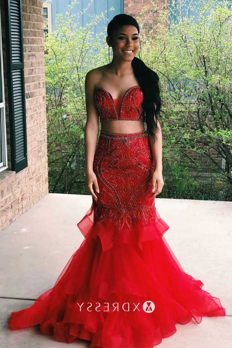 Beaded Trumpet Red Two-piece Strapless Prom Dress - Xdressy