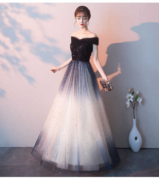 Beautiful Black Off Shoulder Tulle Gradient Long Party Gown, Long ...