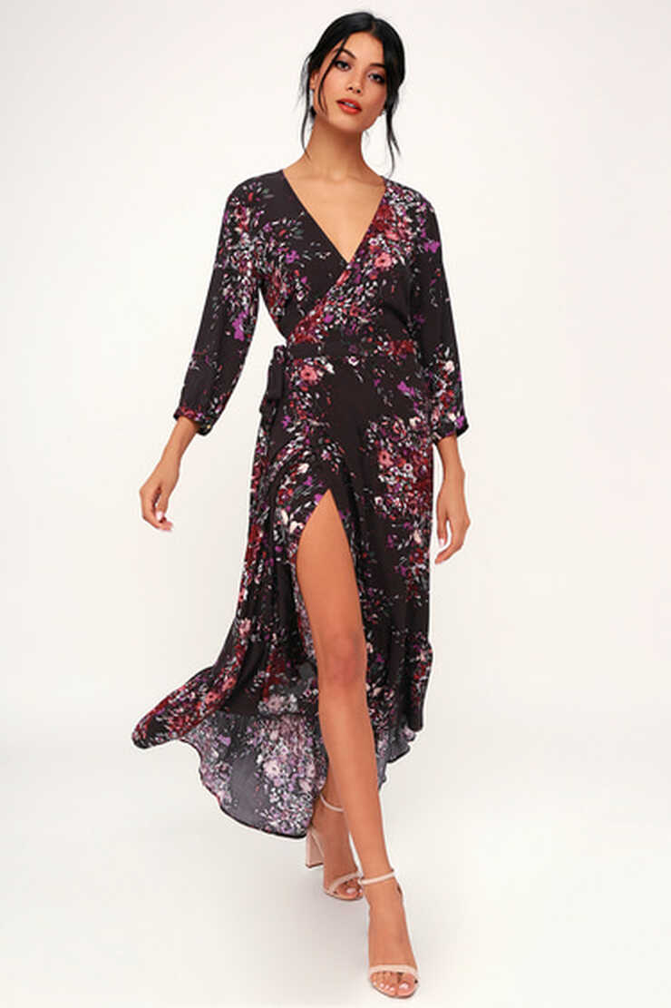 Beautiful Dark Purple Floral Print Midi Dress - Floral Wrap Dress ...