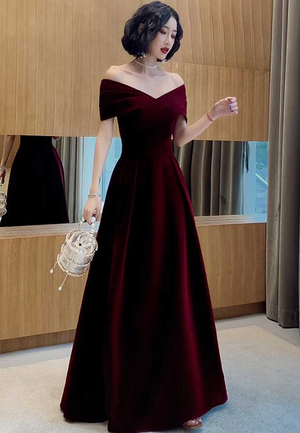 Beautiful Dark Red Velvet Off Shoulder Bridesmaid Dress, A-line ...