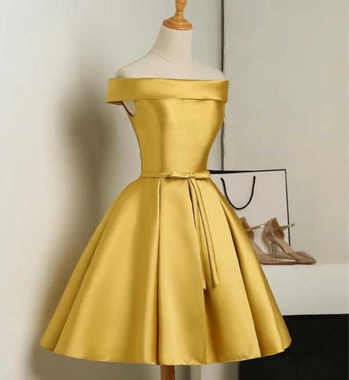 Beautiful Gold Short Satin Off Shoulder Homecoming Dress, Simple ...