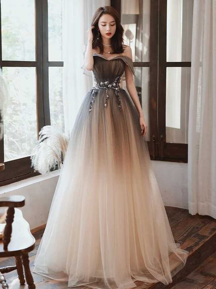 Beautiful Gradient Off Shoulder Tulle Long Party Dress, Sweetheart ...