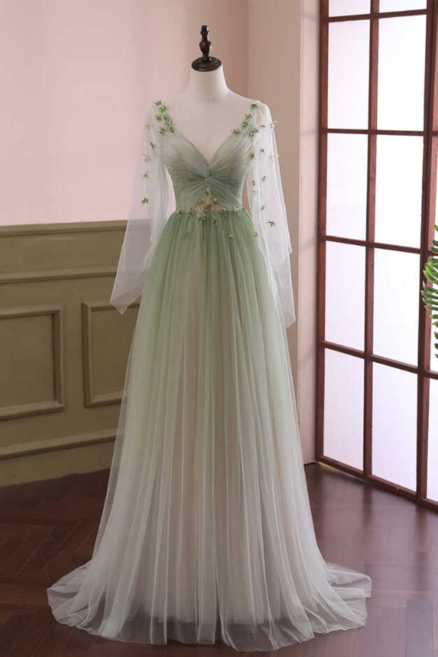 Beautiful Gradient Tulle Green Long Sleeves Party Dress, Green Evening